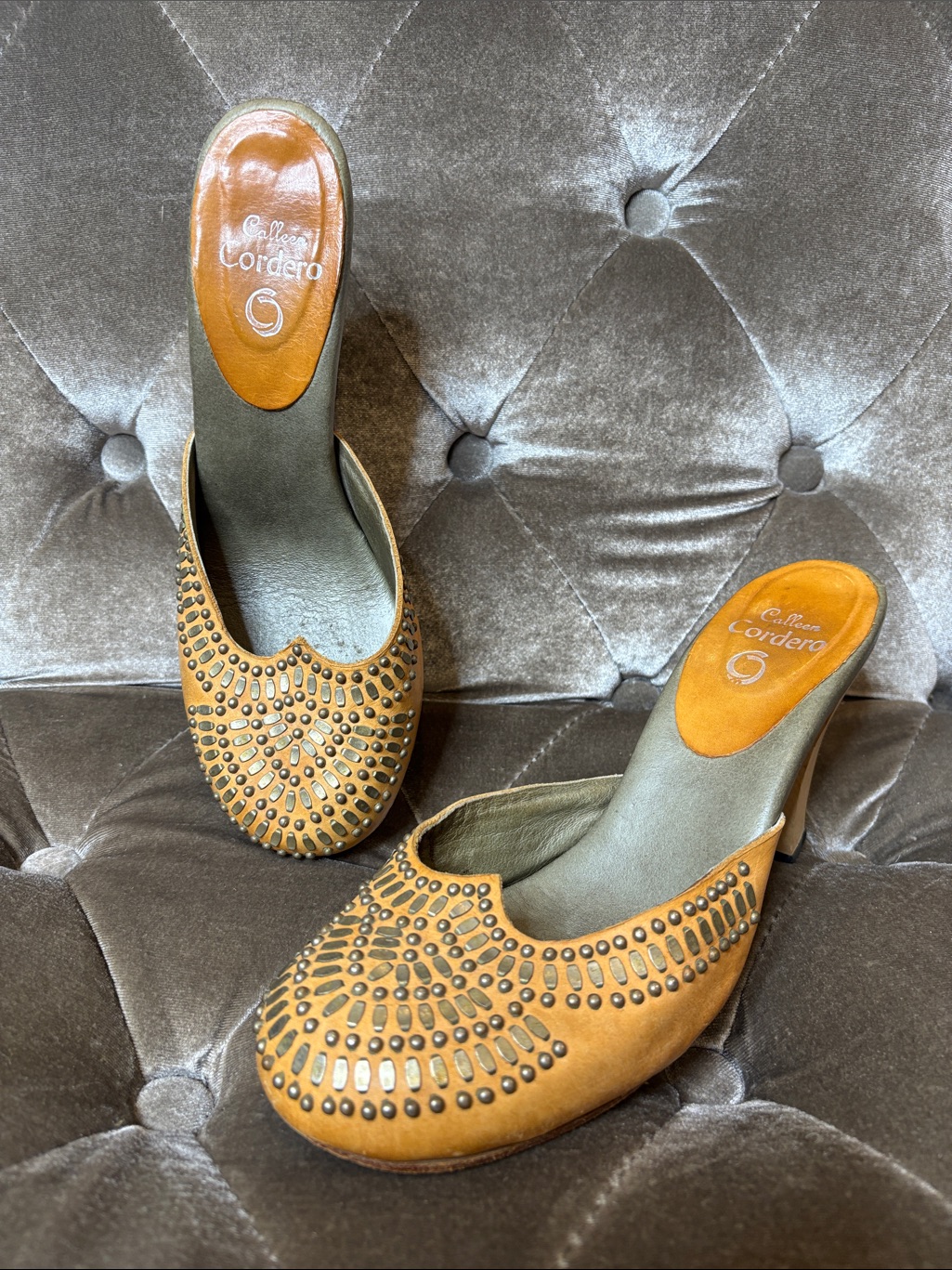 Calleen Cordero Tan Studded Leather Wooden Heels Mules